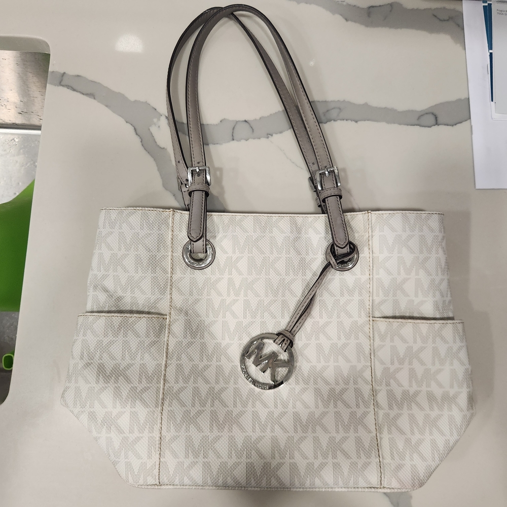 Michael Kors Cream/White MK Monogram Tote with Silver Hardware